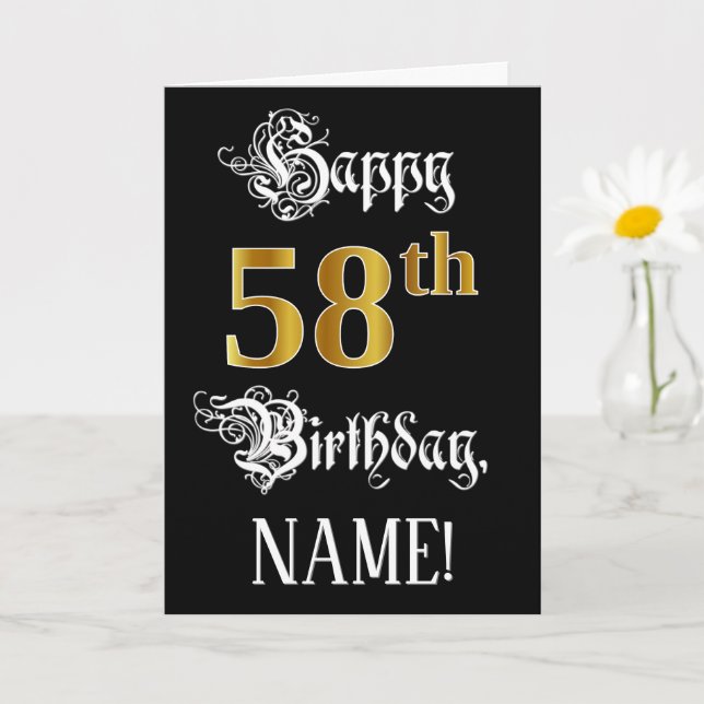 58th Birthday — Fancy Script; Faux Gold Look; Name Card (Small Plant)