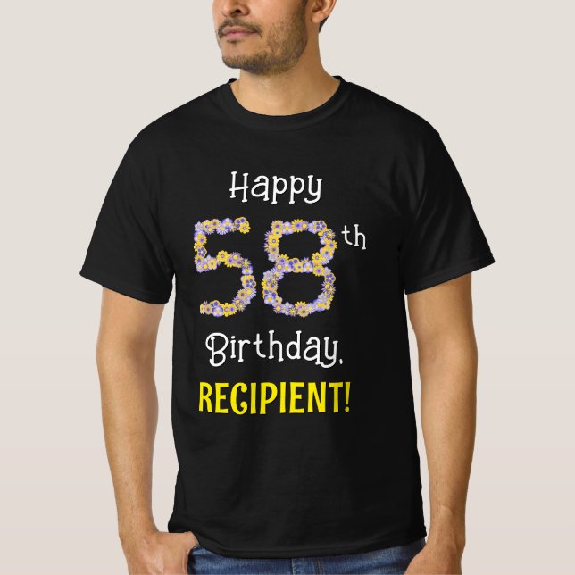 58th Birthday: Floral Flowers Number “58” + Name T-Shirt (Front)