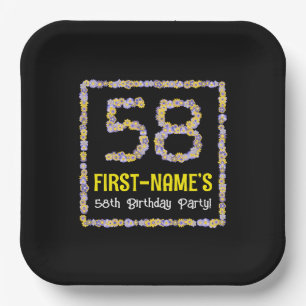 58th Birthday: Floral Flowers Number, Custom Name Paper Plate