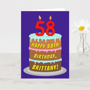 58th Birthday: Fun Cake and Candles + Custom Name Card