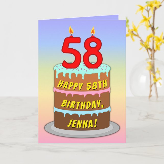 58th Birthday — Fun Cake & Candles, w/ Custom Name Card (Yellow Flower)