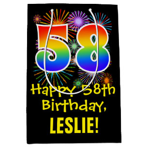 58th Birthday: Fun Fireworks Pattern + Rainbow 58 Medium Gift Bag