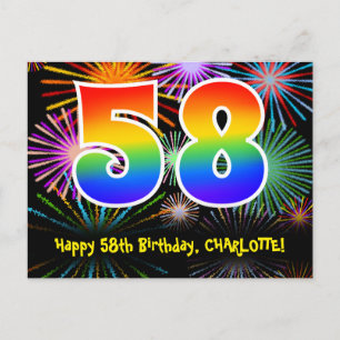 58th Birthday – Fun Fireworks Pattern + Rainbow 58 Postcard
