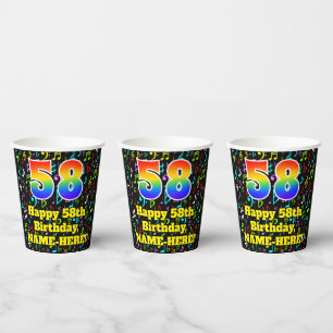 58th Birthday: Fun Music Notes Pattern, Rainbow 58 Paper Cups
