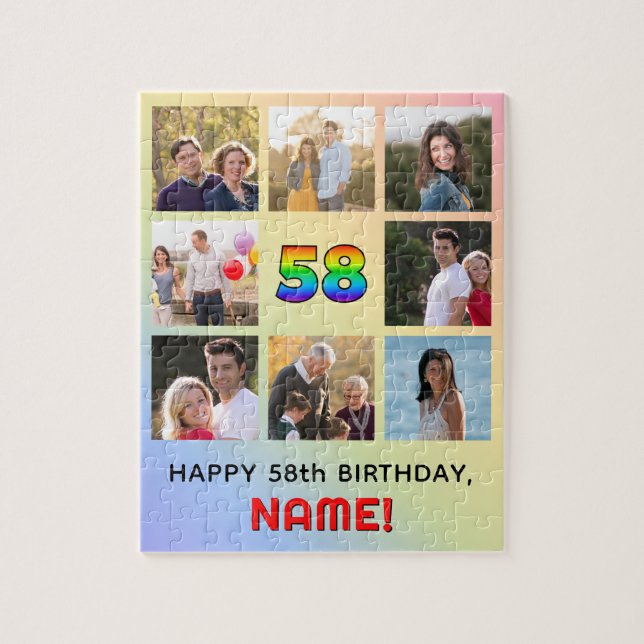 58th Birthday: Fun Rainbow #, Custom Name & Photos Jigsaw Puzzle (Vertical)