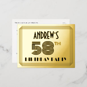 58th Birthday Party ~ Art Deco Style “58” + Name Foil Invitation Postcard