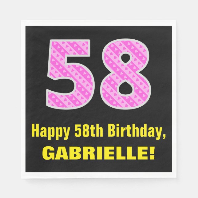 58th Birthday: Pink Stripes and Hearts "58" + Name Napkin (Front)
