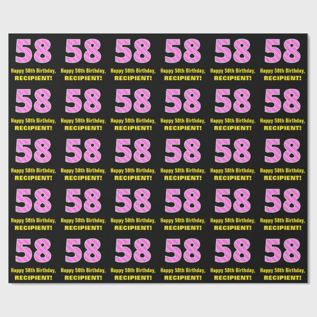 58th Birthday: Pink Stripes and Hearts "58" + Name Wrapping Paper (Flat)