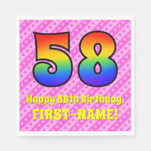 58th Birthday: Pink Stripes & Hearts, Rainbow # 58 Napkin