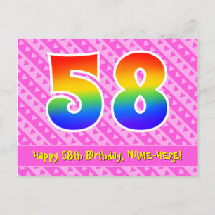 58th Birthday: Pink Stripes & Hearts, Rainbow 58 Postcard