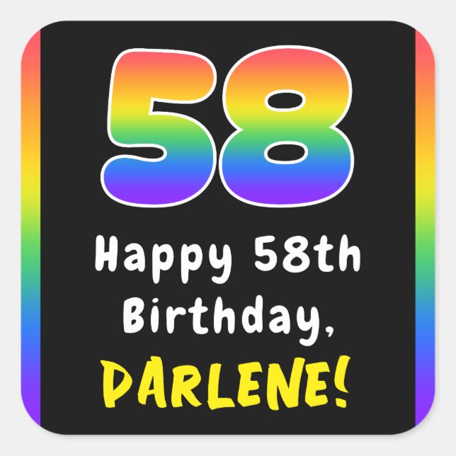 58th Birthday: Rainbow Spectrum # 58, Custom Name Square Sticker (Front)