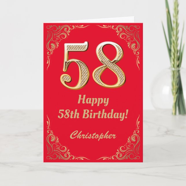 58th Birthday Red and Gold Glitter Frame Card (Front)