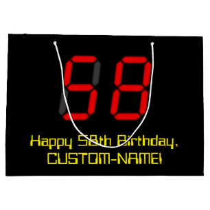 58th Birthday: Red Digital Clock Style "58" + Name Large Gift Bag