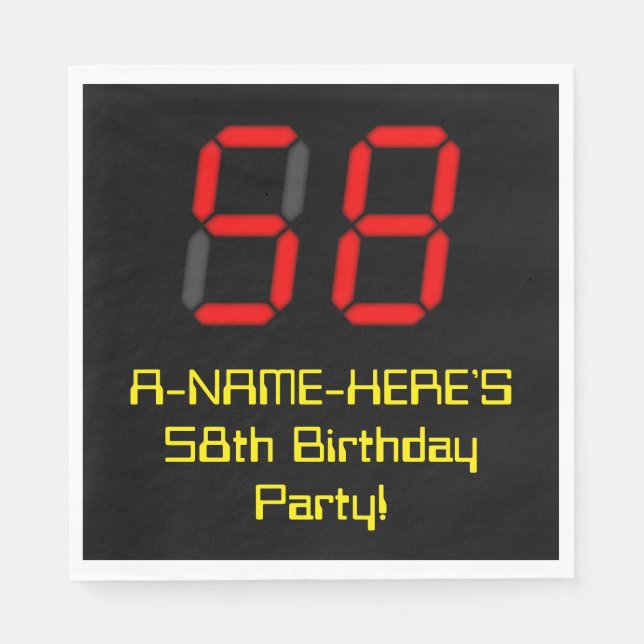 58th Birthday: Red Digital Clock Style "58" + Name Napkin (Front)