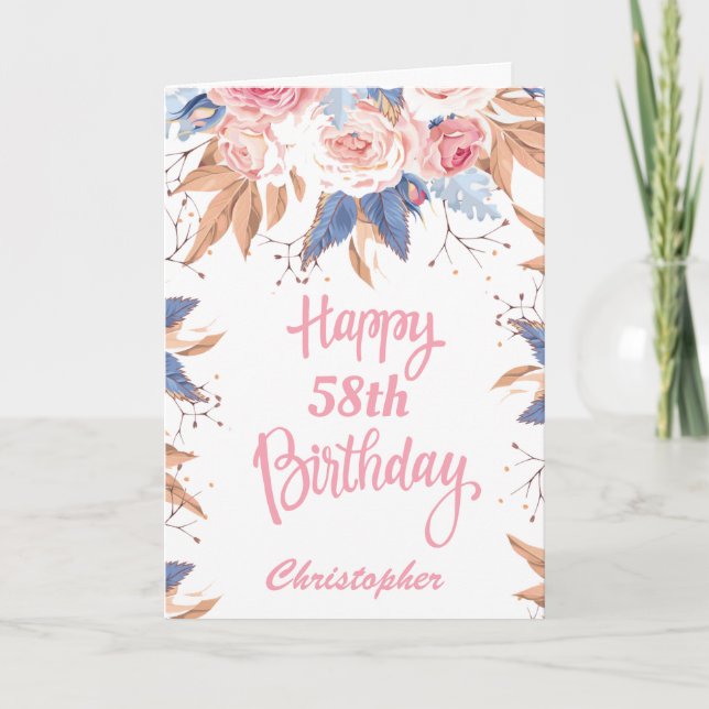 58th Birthday Watercolor Botanical Pink Floral Card (Front)