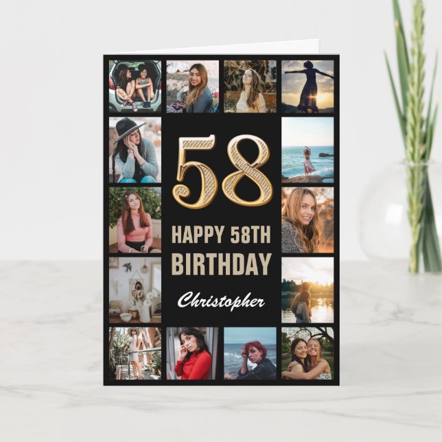 58th Happy Birthday Black and Gold Photo Collage Card (Front)