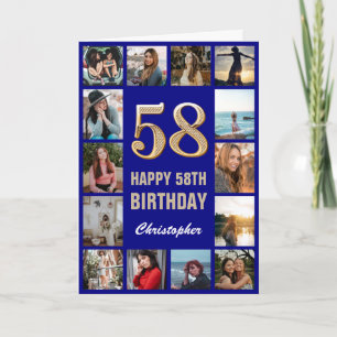 58th Happy Birthday Navy Blue & Gold Photo Collage Card
