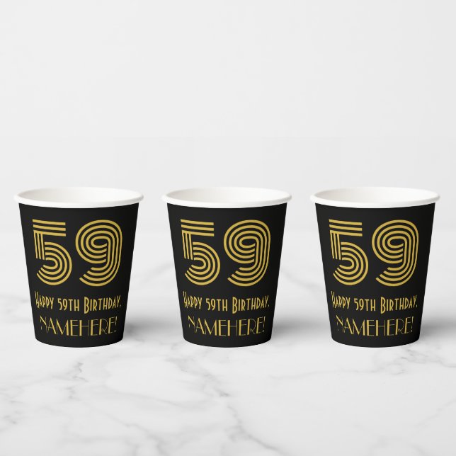 59th Birthday: Art Deco Inspired Look “59” & Name Paper Cups (Multi)