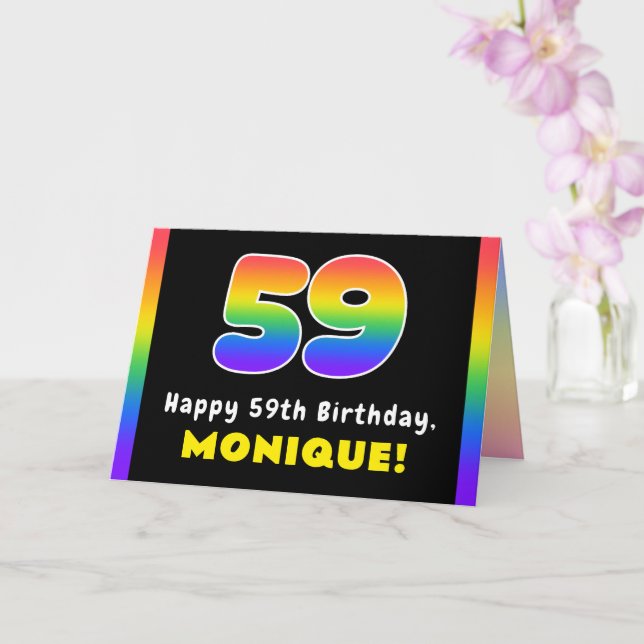 59th Birthday: Colorful Rainbow # 59, Custom Name Card (Orchid)