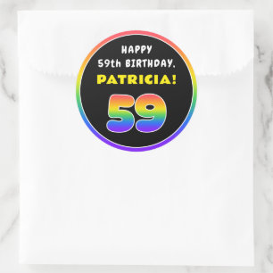 59th Birthday: Colorful Rainbow # 59, Custom Name Classic Round Sticker