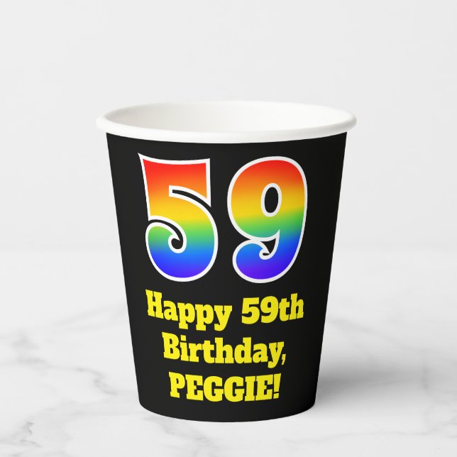 59th Birthday: Colourful, Fun, Exciting, Rainbow 5 Paper Cups (Front)