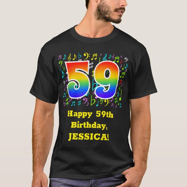 59th Birthday: Colourful Music Symbols, Rainbow 59 T-Shirt (Front)
