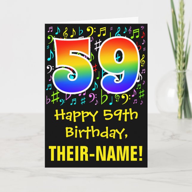 59th Birthday: Colourful Music Symbols + Rainbow 5 Card (Front)