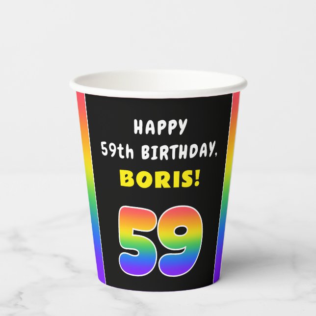 59th Birthday: Colourful Rainbow # 59, Custom Name Paper Cups (Back)