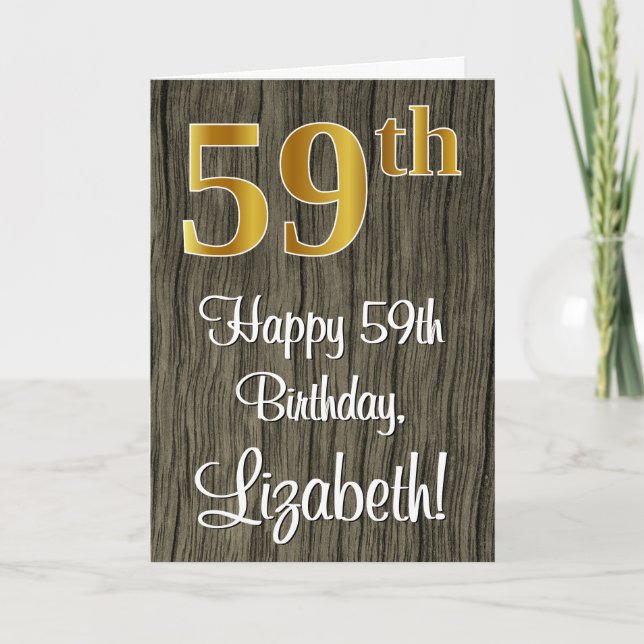 59th Birthday: Elegant Faux Gold Look #, Faux Wood Card (Front)
