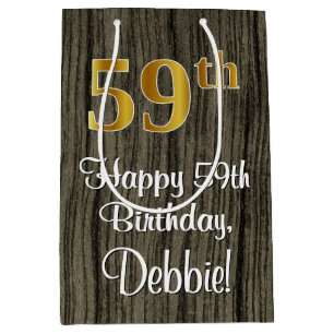 59th Birthday: Elegant Faux Gold Look #, Faux Wood Medium Gift Bag