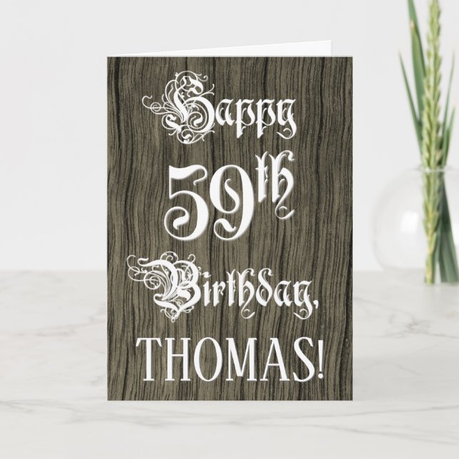 59th Birthday: Fancy, Elegant Text; Faux Wood Look Card (Front)