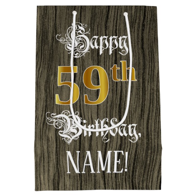 59th Birthday: Faux Gold Look & Faux Wood Pattern Medium Gift Bag (Back)