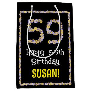 59th Birthday: Floral Flowers Number, Custom Name Medium Gift Bag
