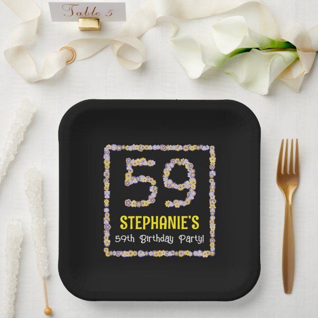 59th Birthday: Floral Flowers Number, Custom Name Paper Plate (Wedding)