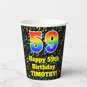 59th Birthday: Fun Music Notes Pattern, Rainbow 59 Paper Cups