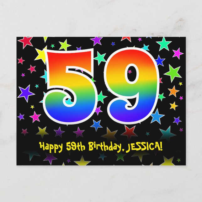 59th Birthday: Fun Stars Pattern, Rainbow 59, Name Postcard (Front)