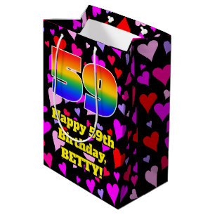 59th Birthday: Loving Hearts Pattern, Rainbow # 59 Medium Gift Bag