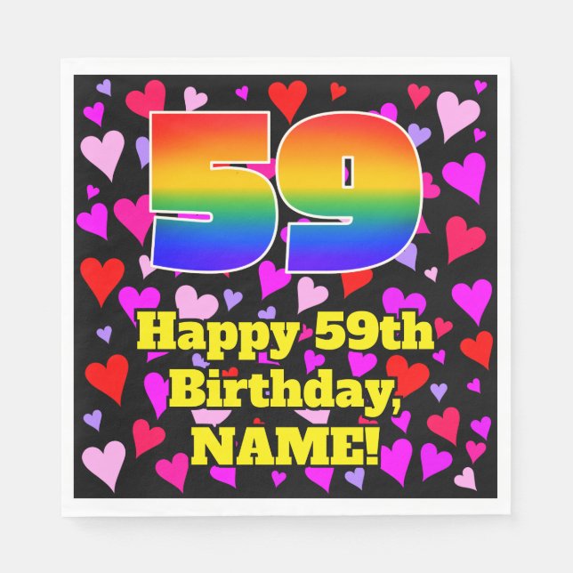 59th Birthday: Loving Hearts Pattern, Rainbow # 59 Napkin (Front)