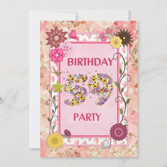 59th birthday party invitation with floral frame (Front)