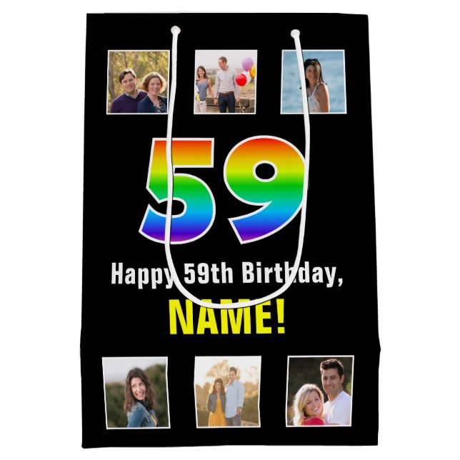 59th Birthday: Rainbow “59“, Custom Photos & Name Medium Gift Bag (Back)