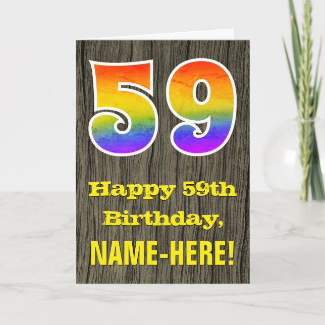 59th Birthday: Rustic Faux Wood Look, Rainbow "59" Card (Front)
