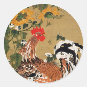 5. 向日葵雄鶏図, 若冲 Sunflower and Rooster, Jakuchū Classic Round Sticker