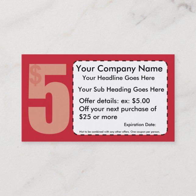 $5.00 Off Coupon Business Card (Front)
