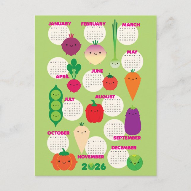 5 A Day Kawaii Vegetables 2026 Calendar Postcard (Front)