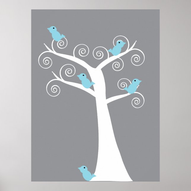 5 Blue Birds in a Tree (Grey Background) Print (Front)