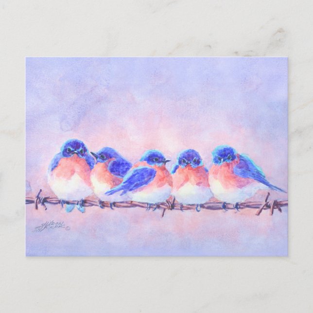 5 BLUEBIRDS on a WIRE by SHARON SHARPE Postcard (Front)