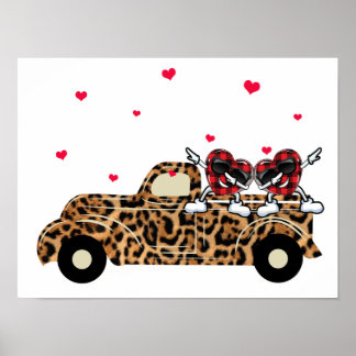 5 Buffalo Plaid Hearts On Leopard Truck Valentine Poster