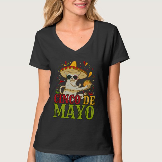 5 Cinco De Mayo  Cat With Mexican Hat And Taco T-Shirt (Front)
