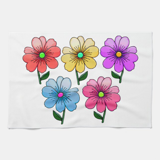 5 Colour Flowers Design  Tea Towel (Horizontal)