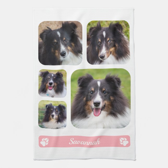 5 Custom Photos Collage Template With Name On Pink Tea Towel (Vertical)